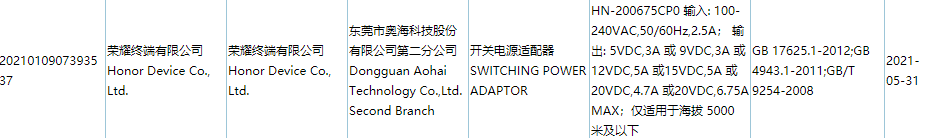 榮耀新款電源適配器 3C 入網(wǎng)，支持最高 135W 快充