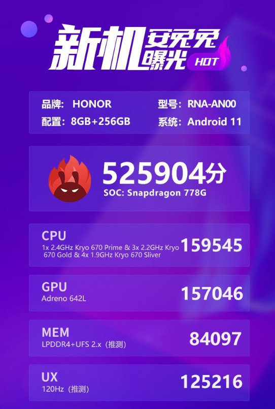 突破52萬分！榮耀50系列安兔兔跑分曝光：首發(fā)驍龍778G