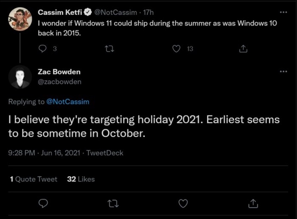 Windows 11穩(wěn)定版何時發(fā)布:消息稱最快今年10月
