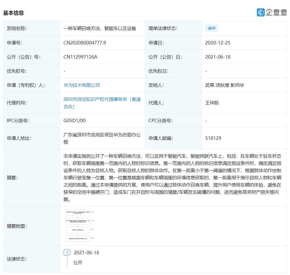 華為公開“肢體動(dòng)作召喚車輛”專利