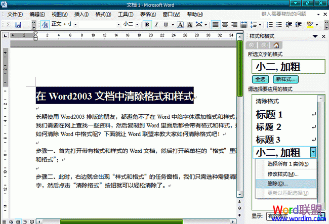 word文檔如何清除樣式 在Word2003文檔中清除格式和樣式
