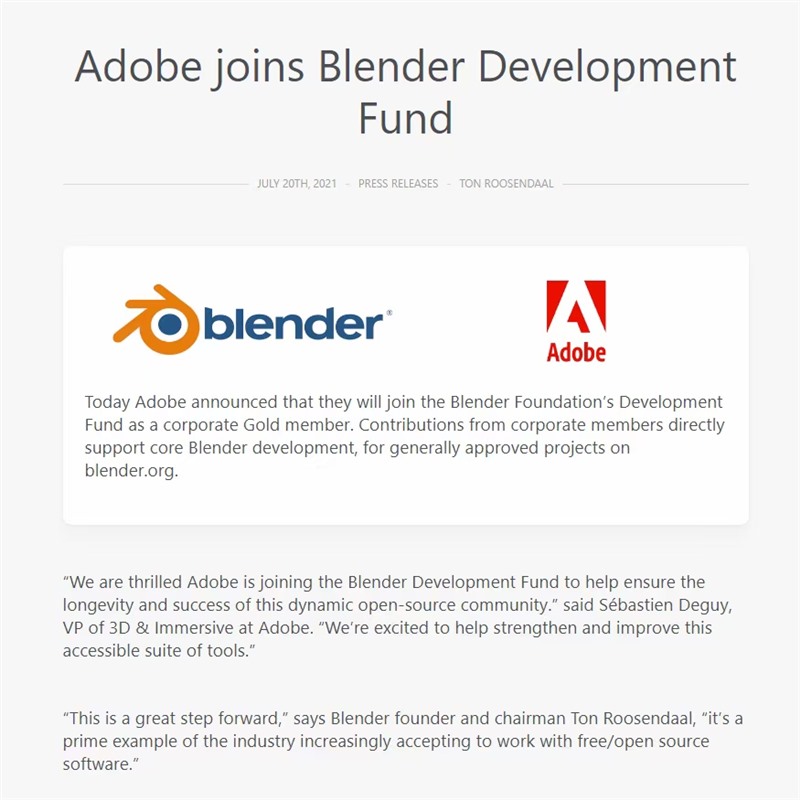 Adobe 加入 Blender 基金會:捐款將會直接支持 Blender 核心開發(fā)