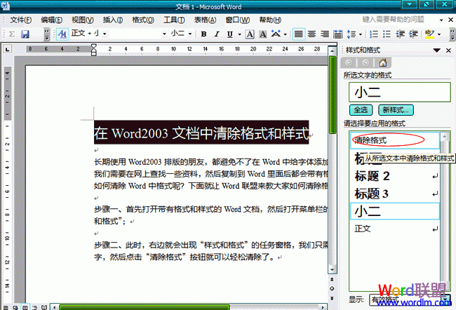 word文檔如何清除樣式 在Word2003文檔中清除格式和樣式