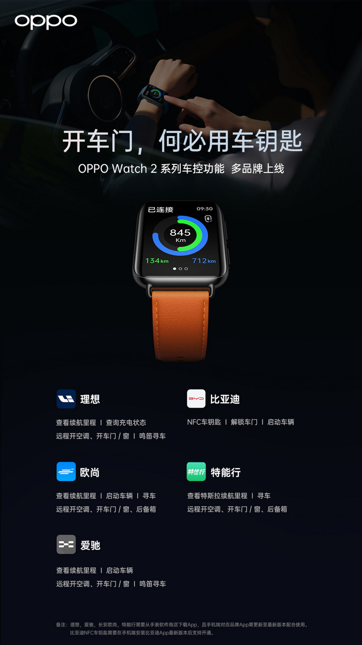 OPPO 為比亞迪、理想汽車(chē)、特斯拉等廠商推出車(chē)控功能，手表即可開(kāi)車(chē)門(mén)