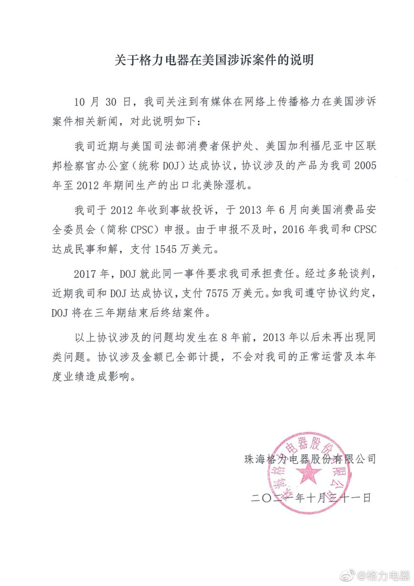 格力電器回應(yīng)在美被罰款：不會(huì)對(duì)公司的正常運(yùn)營(yíng)及本年度業(yè)績(jī)?cè)斐捎绊? /></center> </p>
<p><strong>特別提醒：</strong>本網(wǎng)信息來(lái)自于互聯(lián)網(wǎng)，目的在于傳遞更多信息，并不代表本網(wǎng)贊同其觀點(diǎn)。其原創(chuàng)性以及文中陳述文字和內(nèi)容未經(jīng)本站證實(shí)，對(duì)本文以及其中全部或者部分內(nèi)容、文字的真實(shí)性、完整性、及時(shí)性本站不作任何保證或承諾，并請(qǐng)自行核實(shí)相關(guān)內(nèi)容。本站不承擔(dān)此類作品侵權(quán)行為的直接責(zé)任及連帶責(zé)任。如若本網(wǎng)有任何內(nèi)容侵犯您的權(quán)益，請(qǐng)及時(shí)聯(lián)系我們，本站將會(huì)在24小時(shí)內(nèi)處理完畢。</p>
</p></div>
<div></div>
<p> </p>
		</article>
								            <div   id=