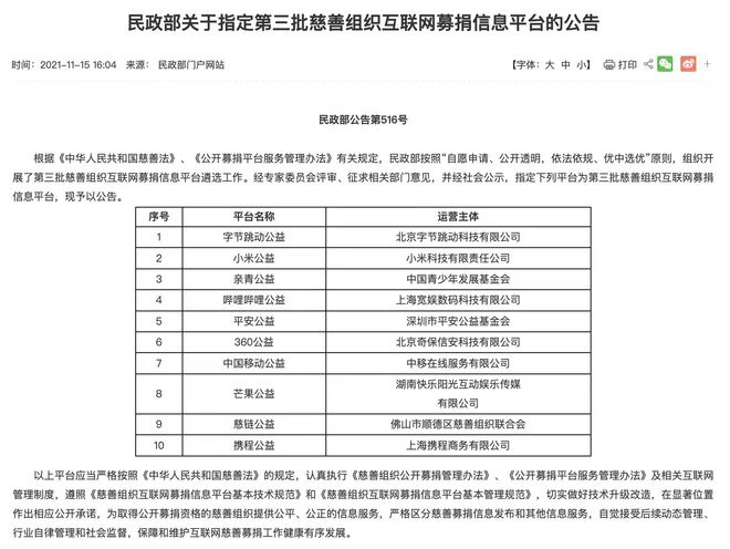 字節(jié)跳動(dòng)、小米、B站等入選民政部第三批慈善組織互聯(lián)網(wǎng)募捐信息平臺(tái)