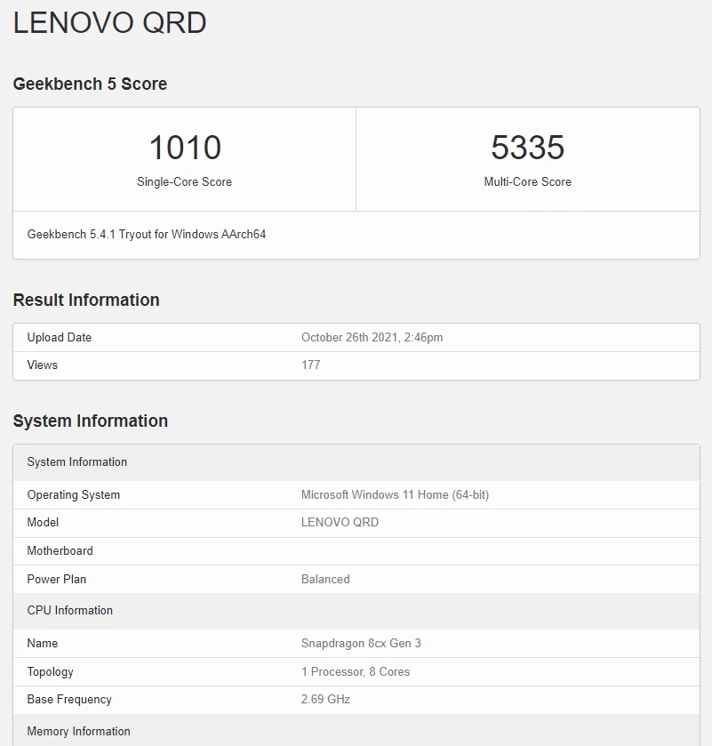 高通驍龍 8cx Gen 3 GeekBench 跑分曝光:單核 1010 多核 5335,不敵蘋果 M1 芯片