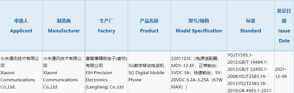 驍龍 8 Gen 1 正面對拼來了，小米 12 標(biāo)準(zhǔn)版通過 3C 認(rèn)證：確認(rèn)支持 67W 快充