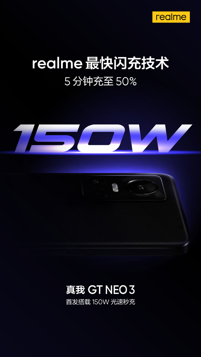 realme 真我 GT Neo3 全球首發(fā) 150W 光速秒充:5 分鐘充至 50%