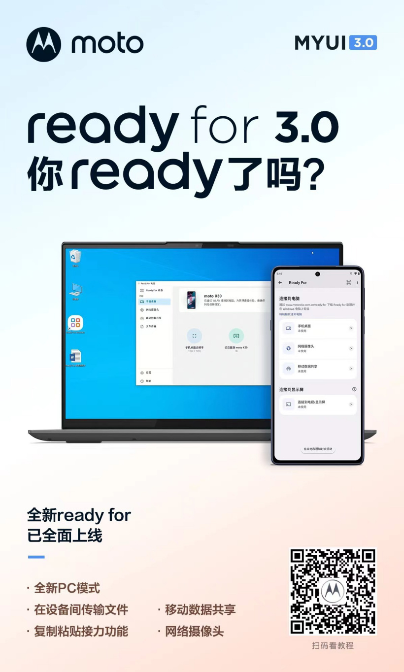 摩托羅拉 MYUI 3.0 多屏互聯(lián)功能 ready for 3.0 正式上線：PC 模式、文件拖拽、復制接力等