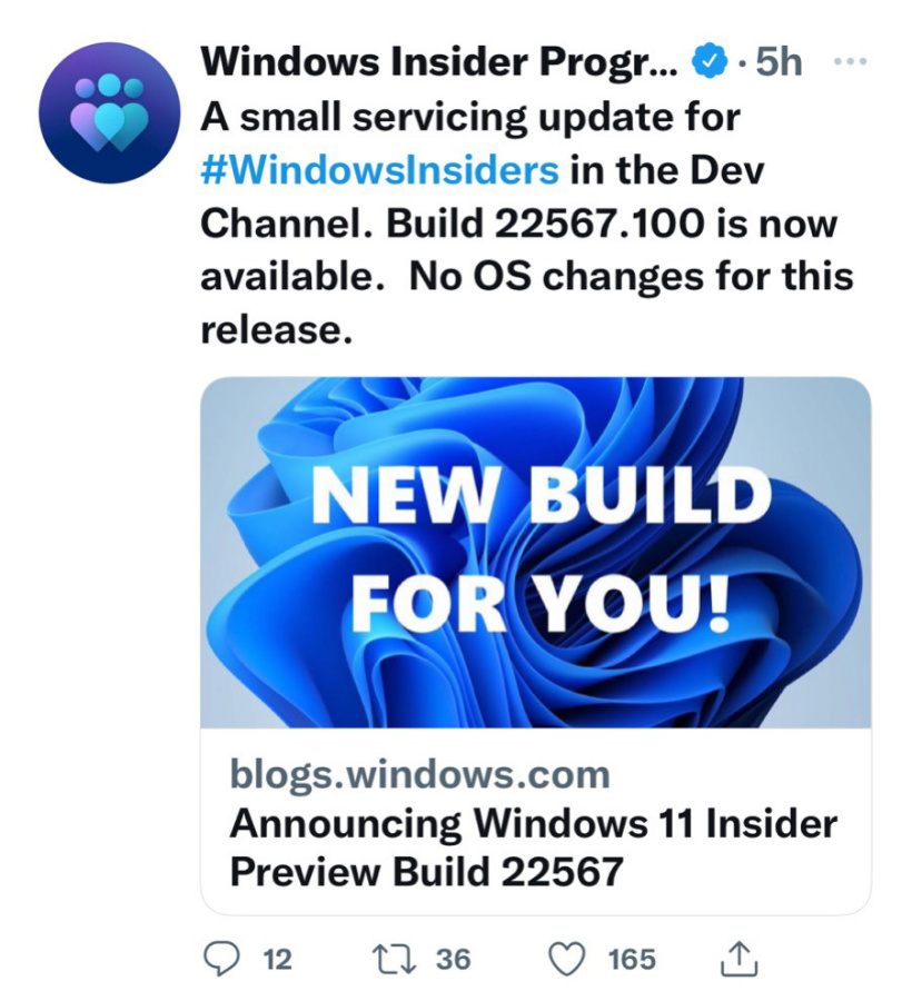 微軟發(fā)布 Win11 Dev 預覽版 22567.100 (KB5012427) 更新