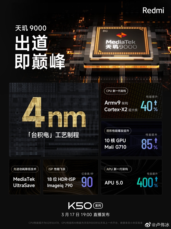 Redmi K50系列處理器為天璣9000！盧偉冰：出道即巔峰