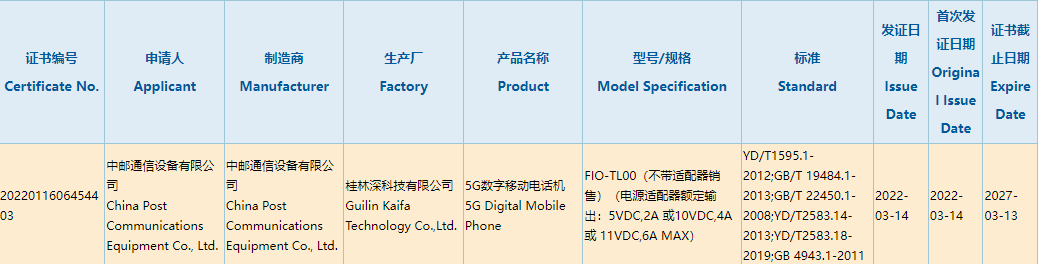 中郵通信 5G 新機通過國家 3C 質(zhì)量認證：不帶充電器銷售，支持 66W 快充