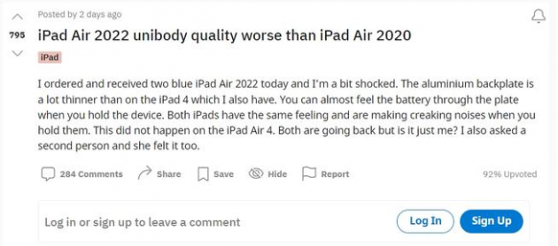 外媒:部分用戶稱蘋果iPad Air 5產(chǎn)品質(zhì)量下降 外殼有異響