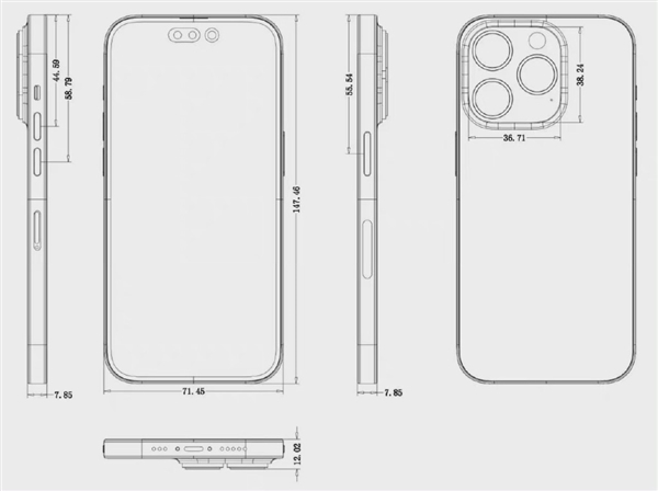 iPhone 14 Pro詳細(xì)尺寸圖曝光：比前代更厚、感嘆號挖孔面積巨大