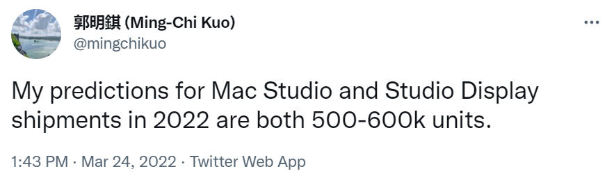 郭明錤:預(yù)計(jì)蘋(píng)果 Mac Studio 和 Studio Display 2022 年出貨量均為 50-60 萬(wàn)臺(tái)