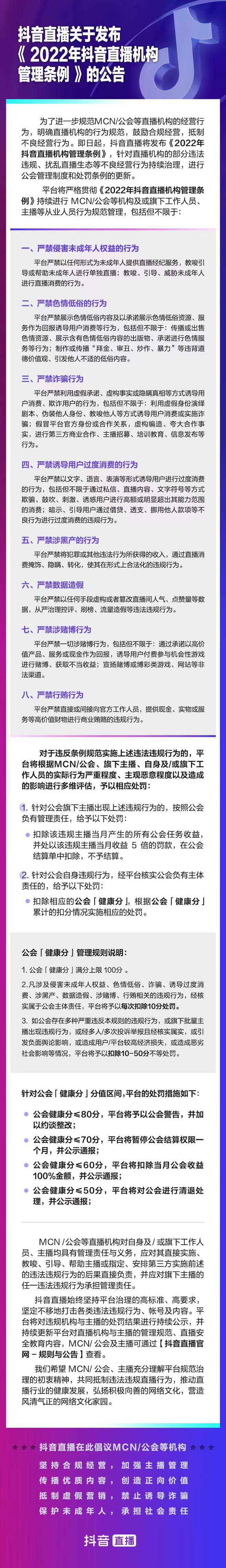 抖音直播推出直播機構(gòu)“健康分”制度，滿分 100 低于 50 直接清退